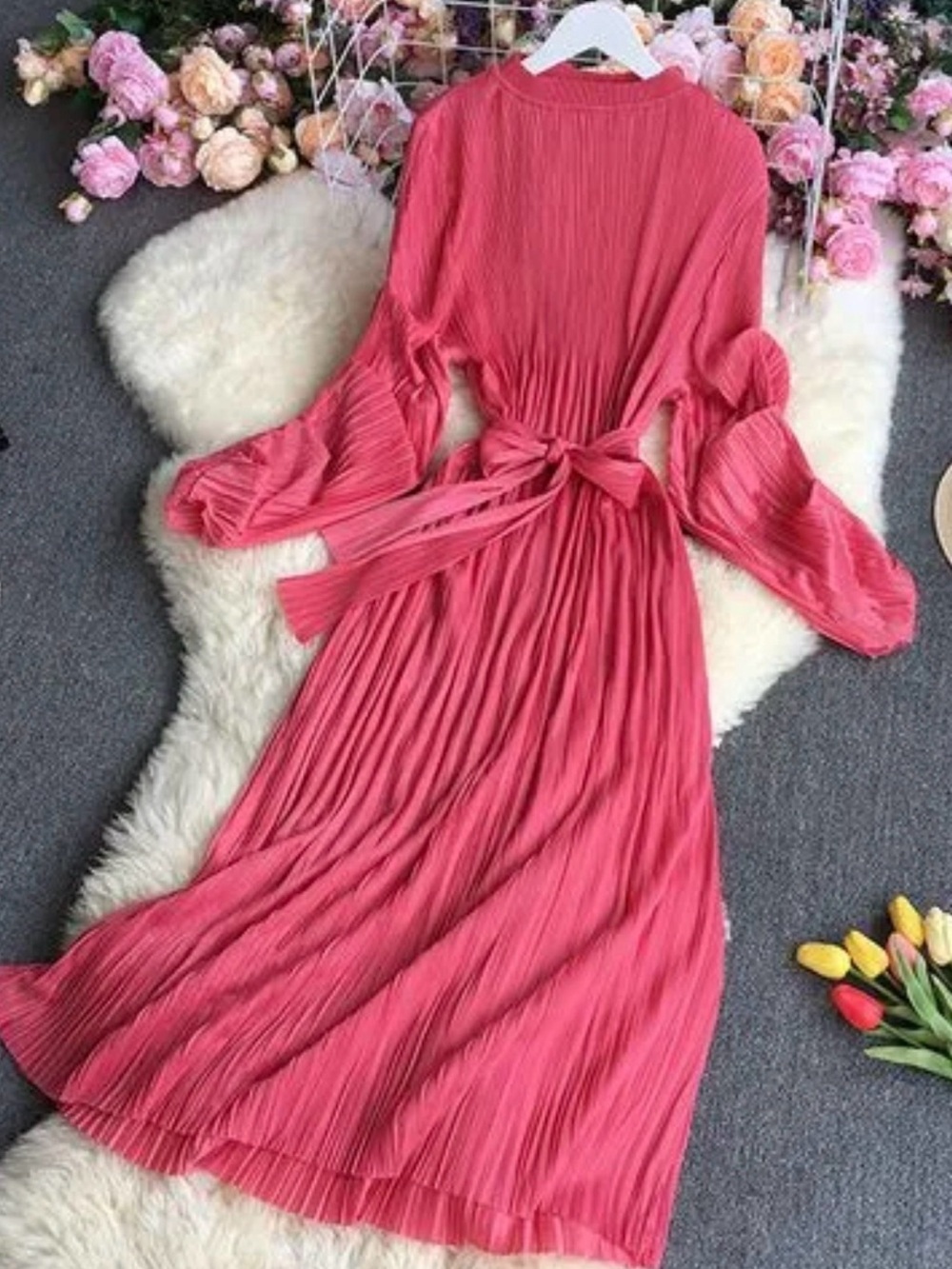 Women’s multi pleated dress long bubble sleeve with tie waist in dusty rose pink